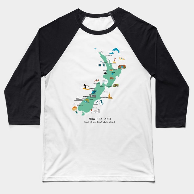 New Zealand Map Baseball T-Shirt by Tilly-Scribbles